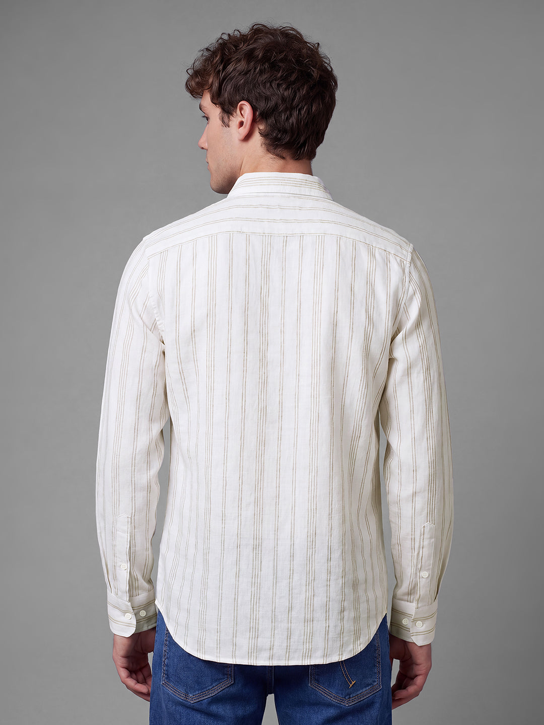 Off White Moderno Fit Striped Long Sleeves Polo Collar Men's Shirt by Being Human Clothing