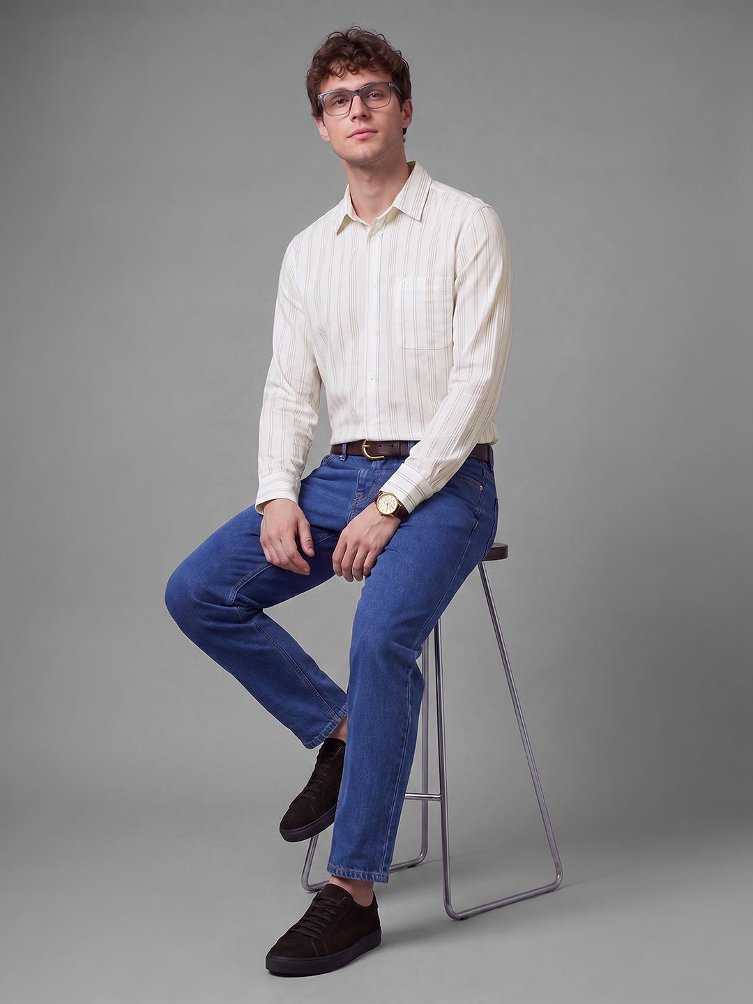 Off White Moderno Fit Striped Long Sleeves Polo Collar Men's Shirt by Being Human Clothing