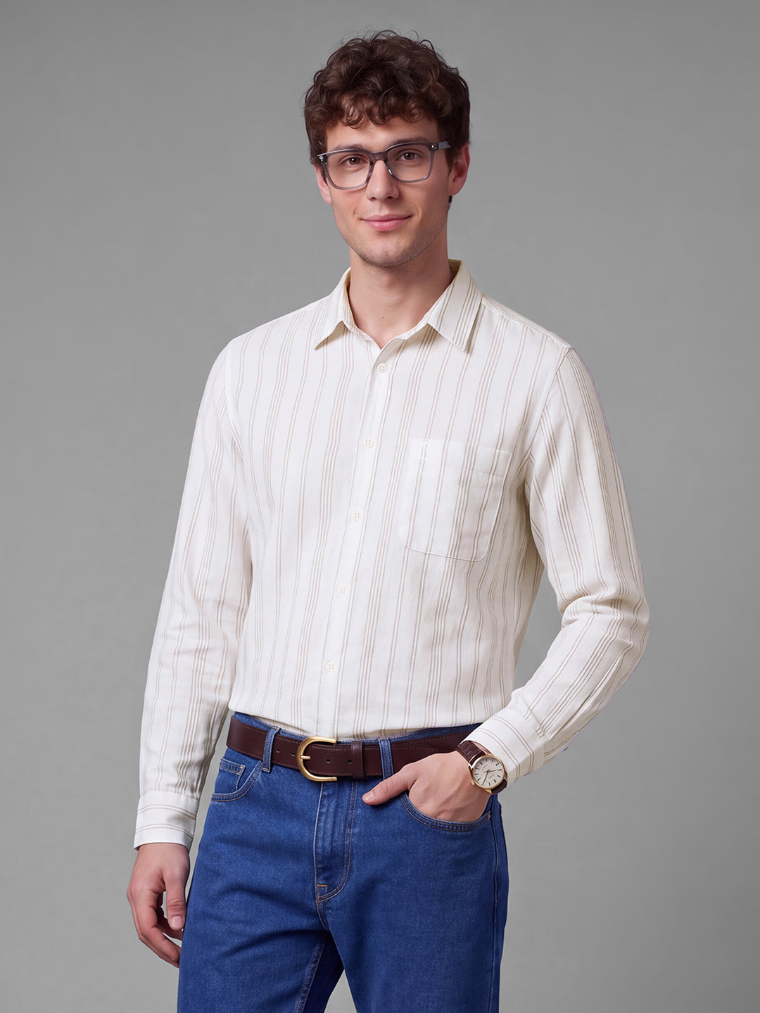 Off White Moderno Fit Striped Long Sleeves Polo Collar Men's Shirt by Being Human Clothing