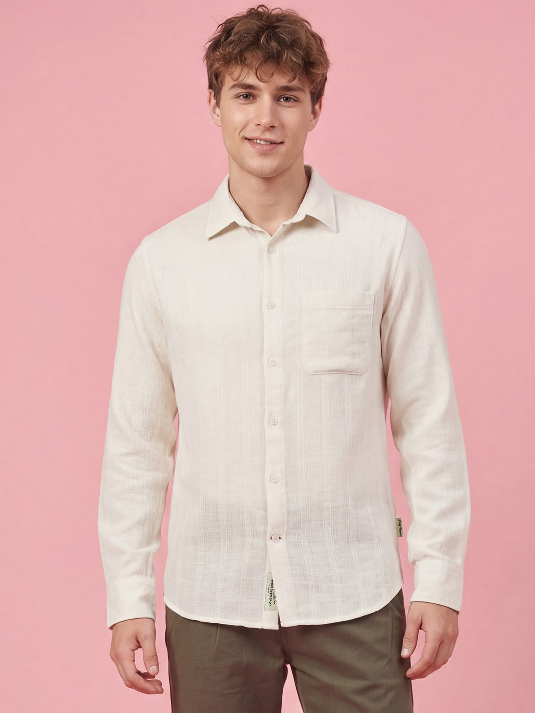 Off White Striped Moderno Fit Full Sleeve Collar Pure Cotton Men's Shirt by Being Human Clothing