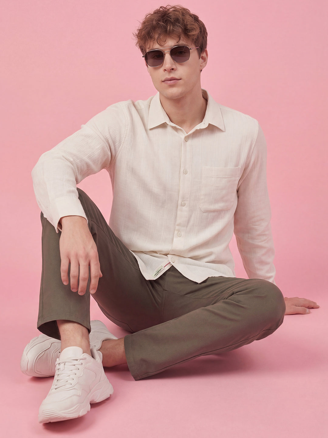 Off White Striped Moderno Fit Full Sleeve Collar Pure Cotton Men's Shirt by Being Human Clothing