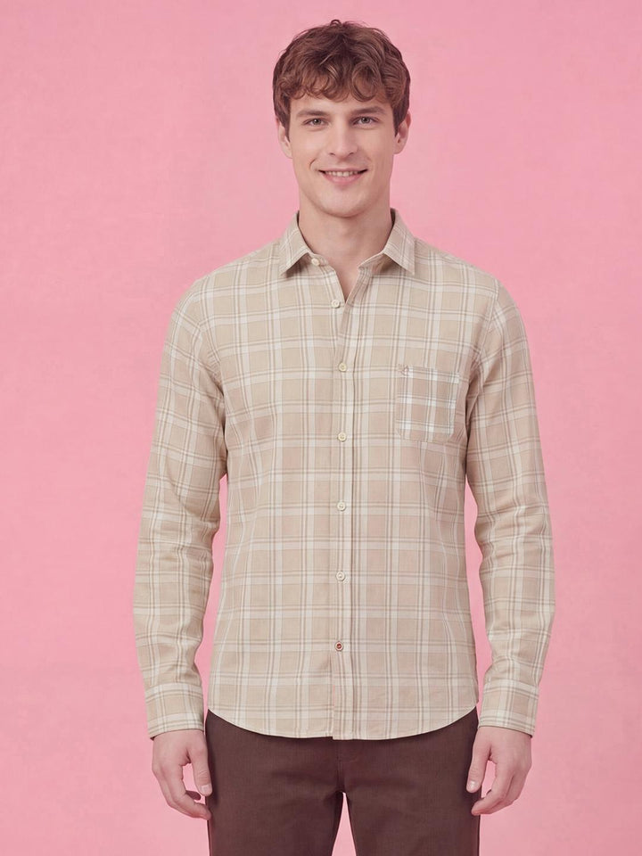 Beige Checkered Full Sleeve Men's Shirt