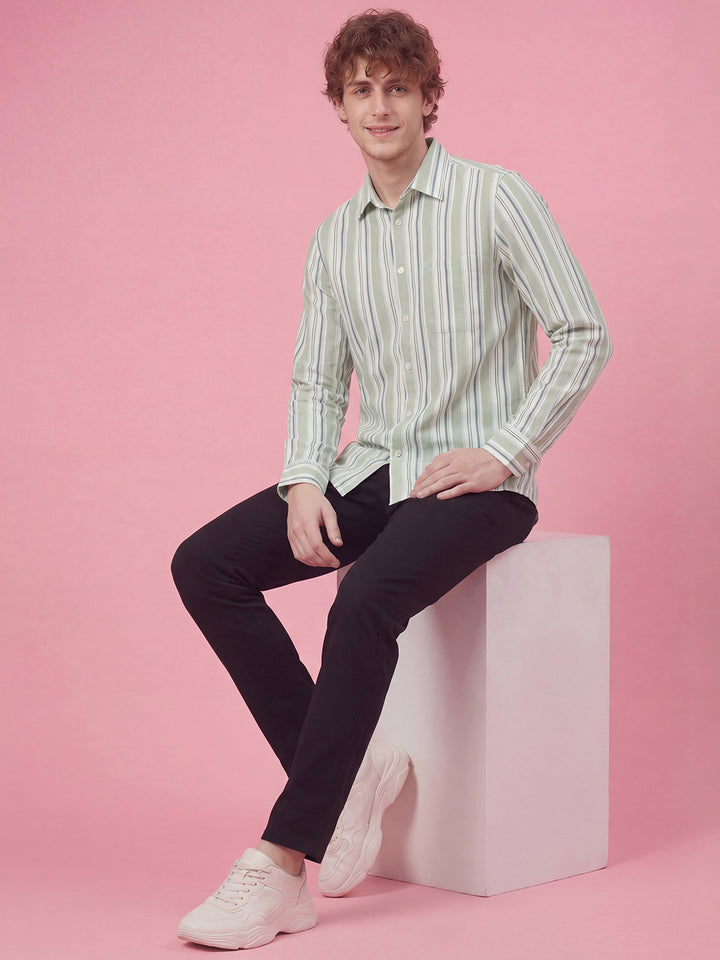 Green Striped Moderno Fit Full Sleeve Collar Pure Cotton Men's Shirt by Being Human Clothing