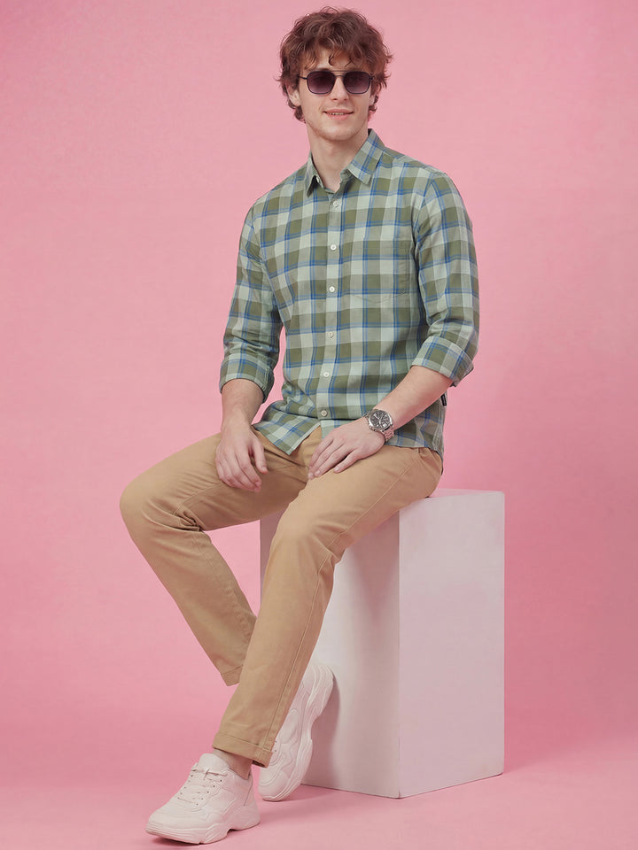 Green & Blue Moderno Fit Checked Long Sleeves Polo Collar Men's Shirt by Being Human Clothing