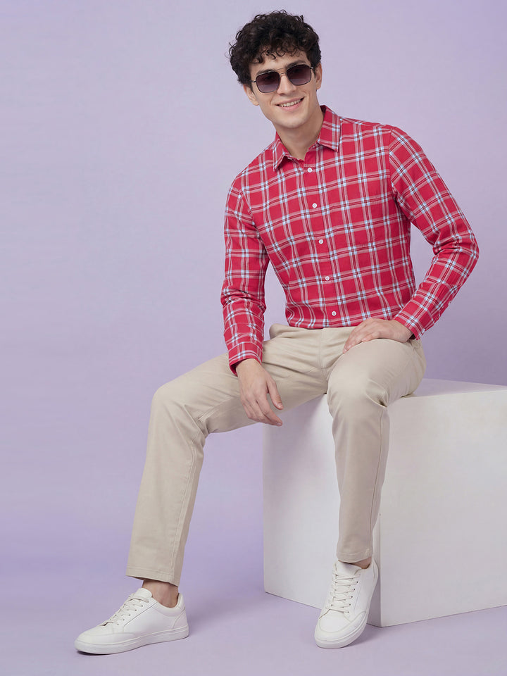 Pink Checkered Moderno Fit Full Sleeve Collar Pure Cotton Men's Shirt by Being Human Clothing