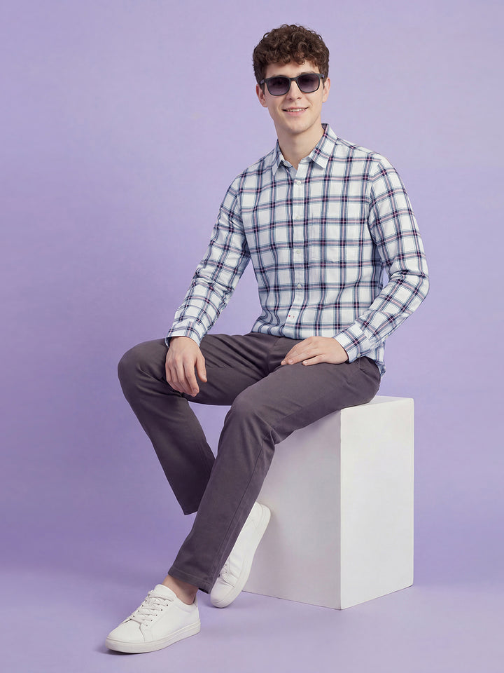 White Checkered Moderno Fit Full Sleeve Collar Pure Cotton Men's Shirt by Being Human Clothing