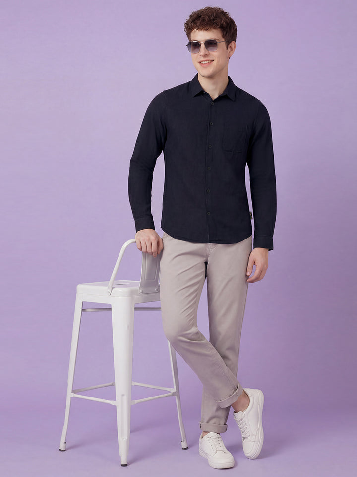 Black Solid Moderno Fit Full Sleeve Collar Pure Cotton Men's Shirt by Being Human Clothing