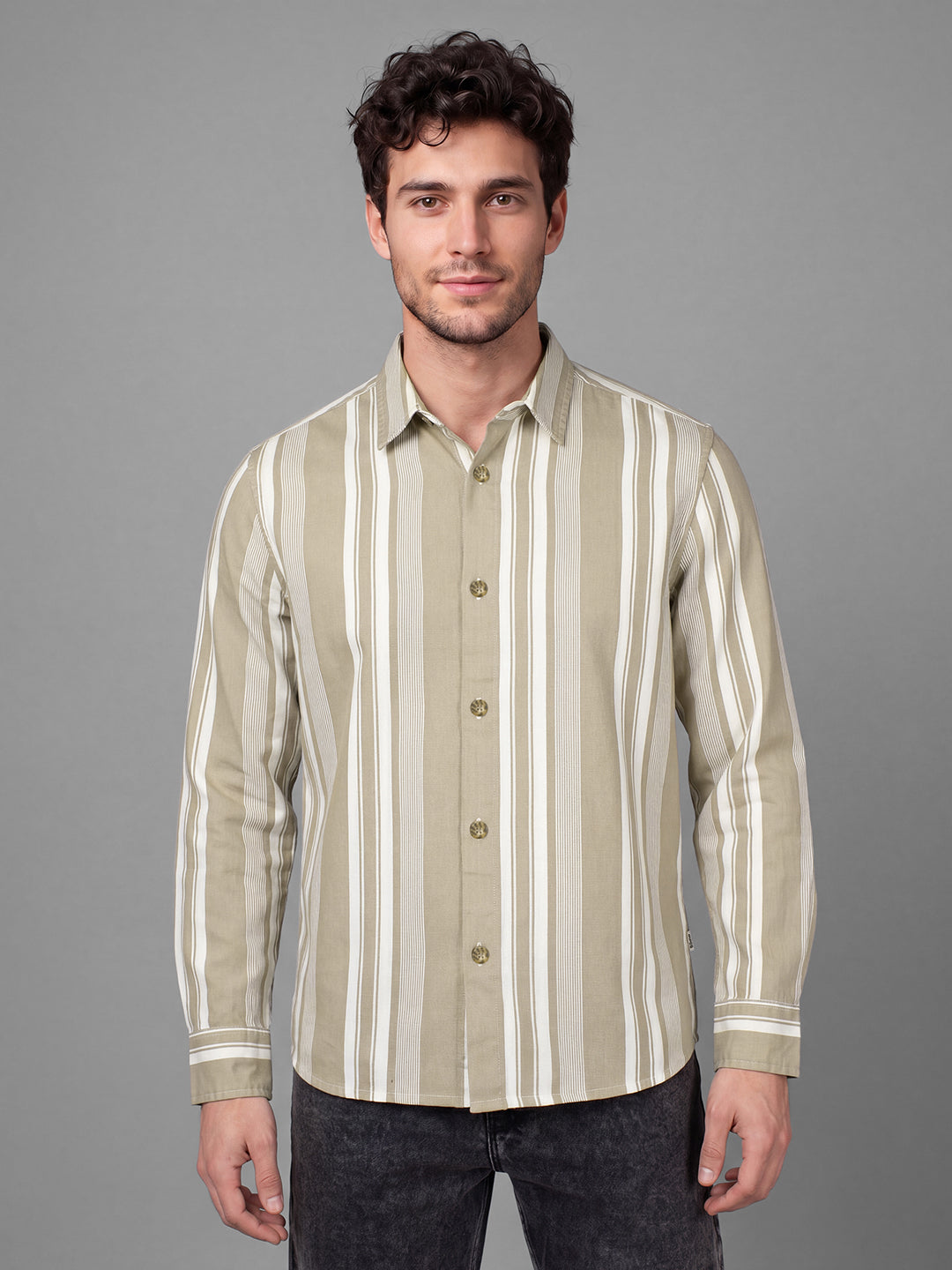 Khaki Shacket Fit Striped Cotton Men's Shacket by Being Human Clothing