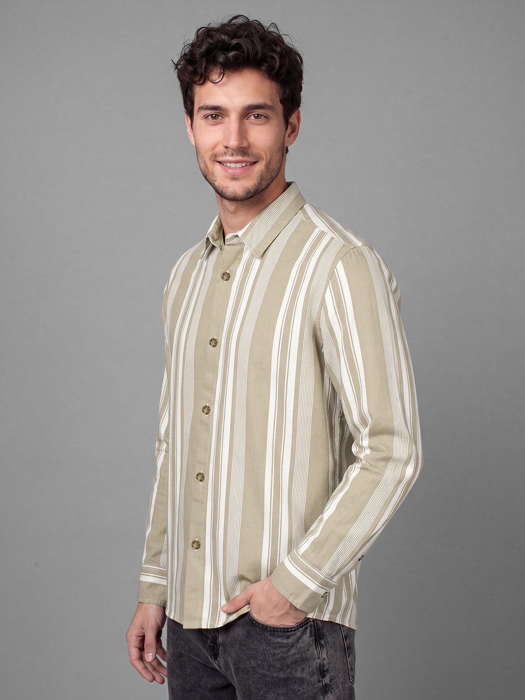 Khaki Shacket Fit Striped Cotton Men's Shacket by Being Human Clothing