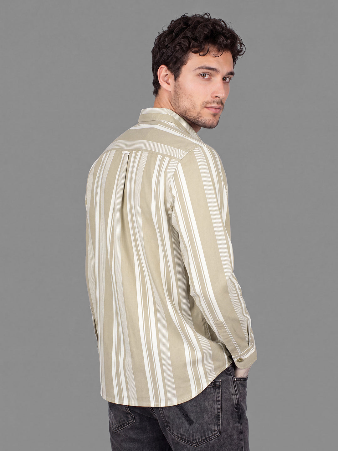 Khaki Shacket Fit Striped Cotton Men's Shacket by Being Human Clothing