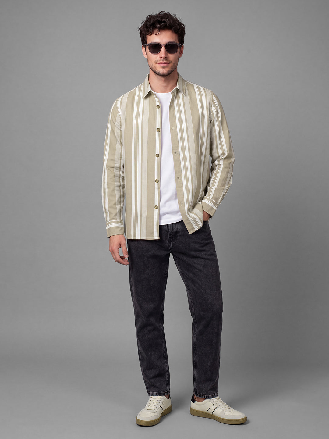 Khaki Shacket Fit Striped Cotton Men's Shacket by Being Human Clothing
