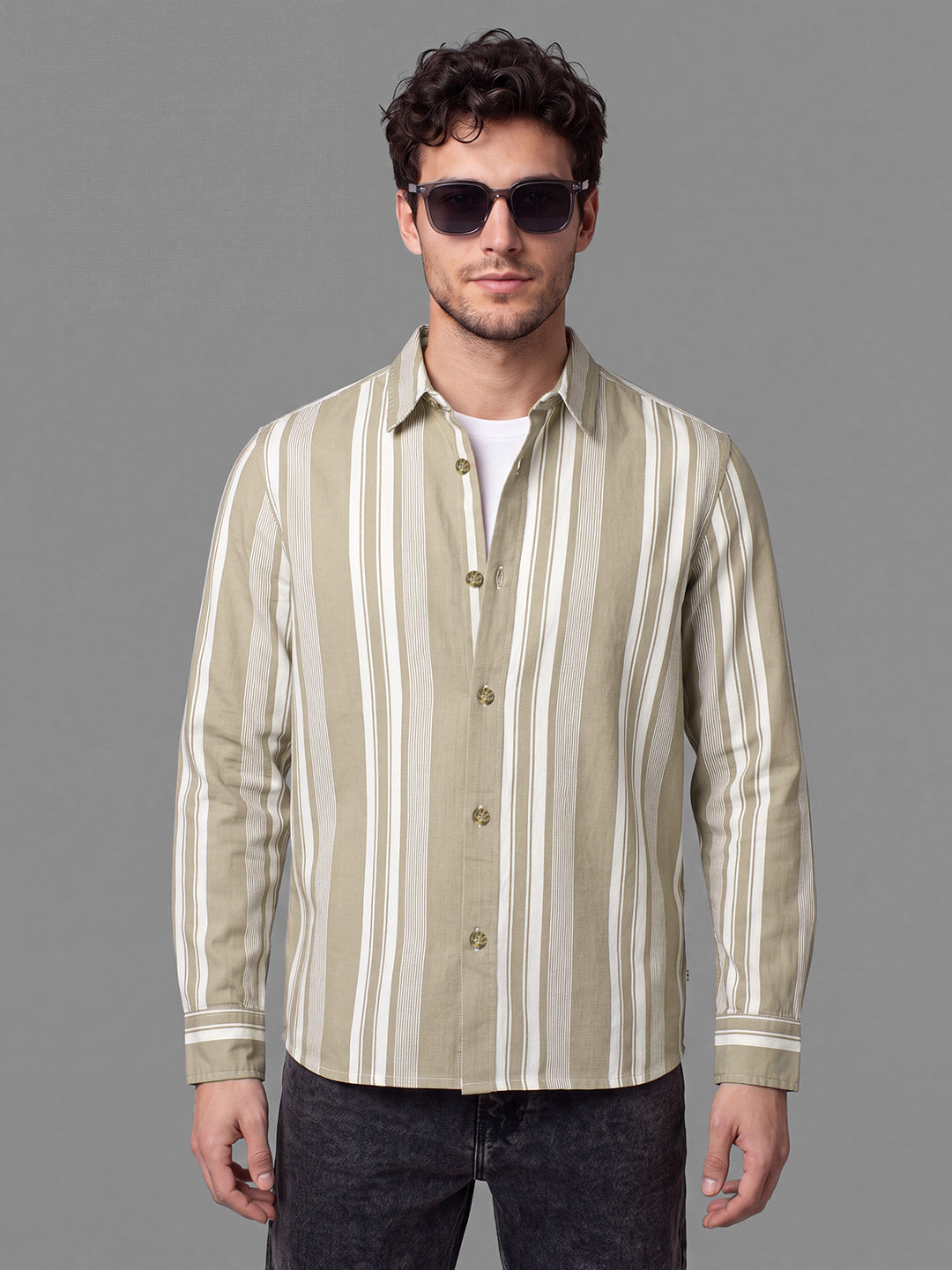 Khaki Shacket Fit Striped Cotton Men's Shacket by Being Human Clothing
