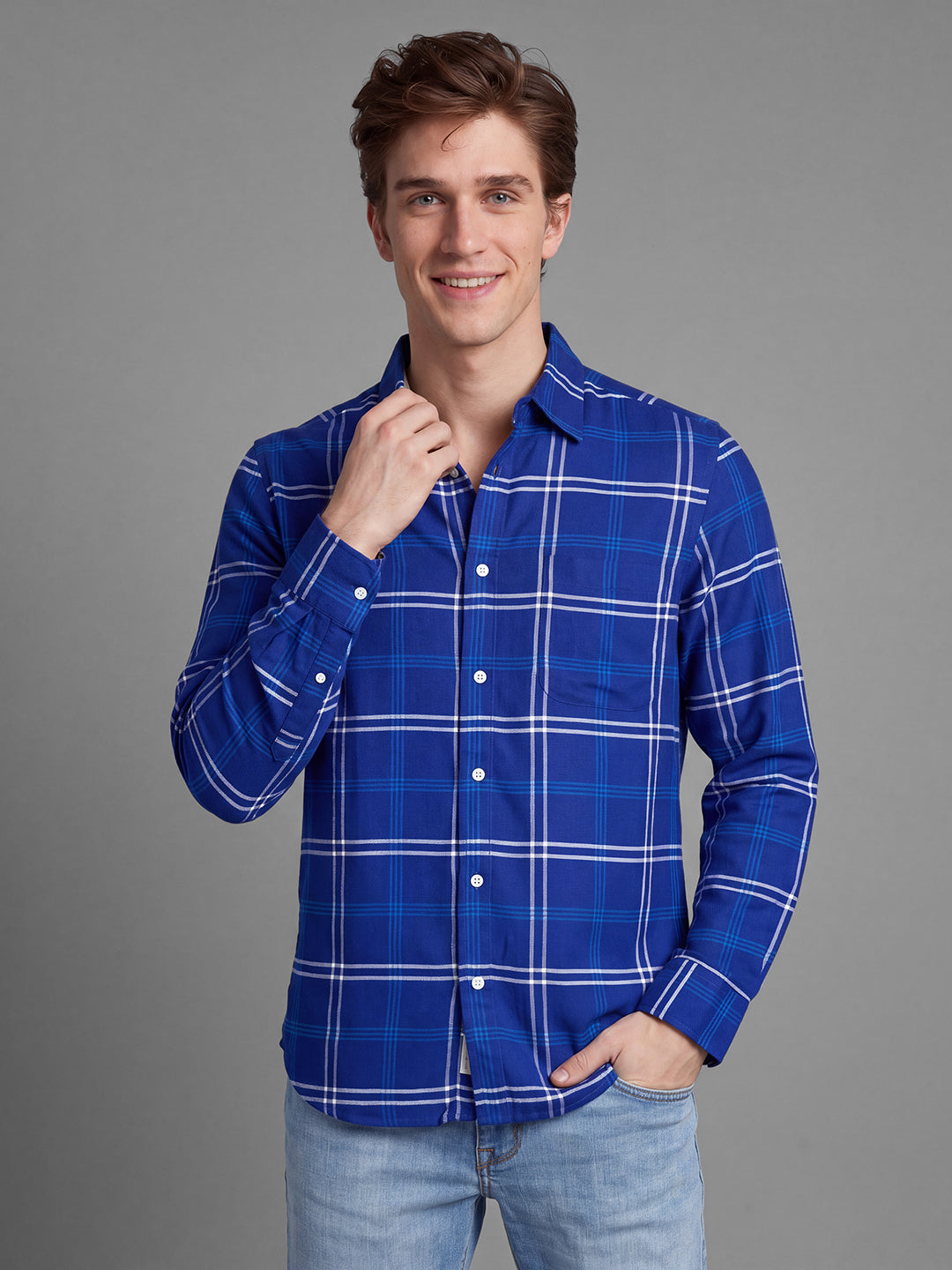 Royal Blue Moderno Fit Checked Long Sleeves Polo Collar Men's Shirt by Being Human Clothing