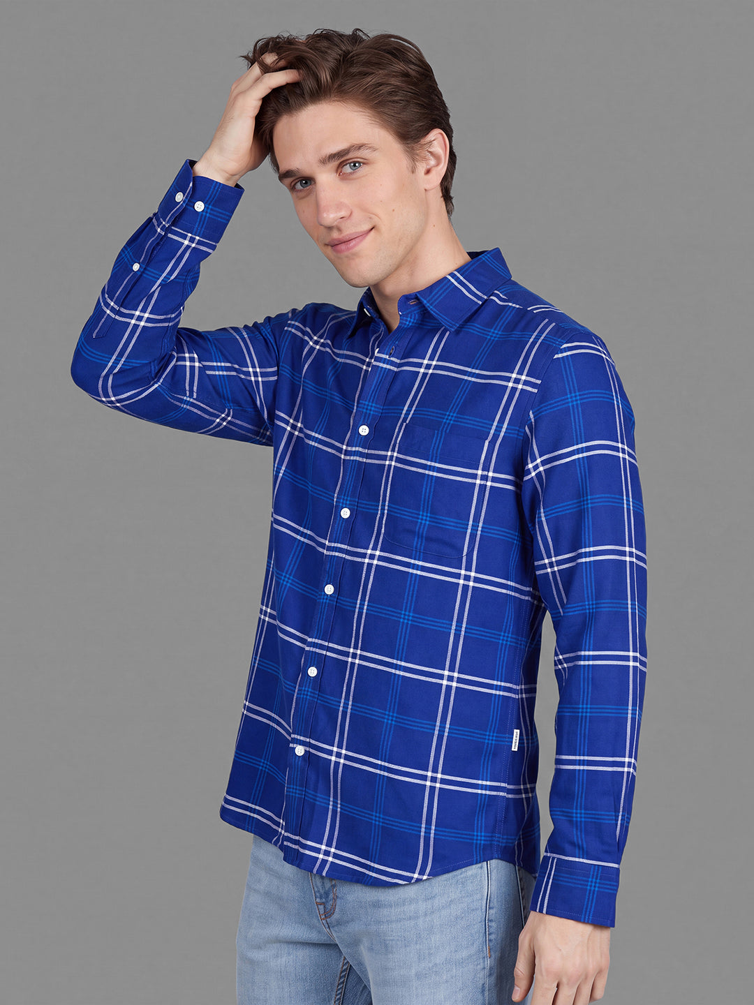 Royal Blue Moderno Fit Checked Long Sleeves Polo Collar Men's Shirt by Being Human Clothing