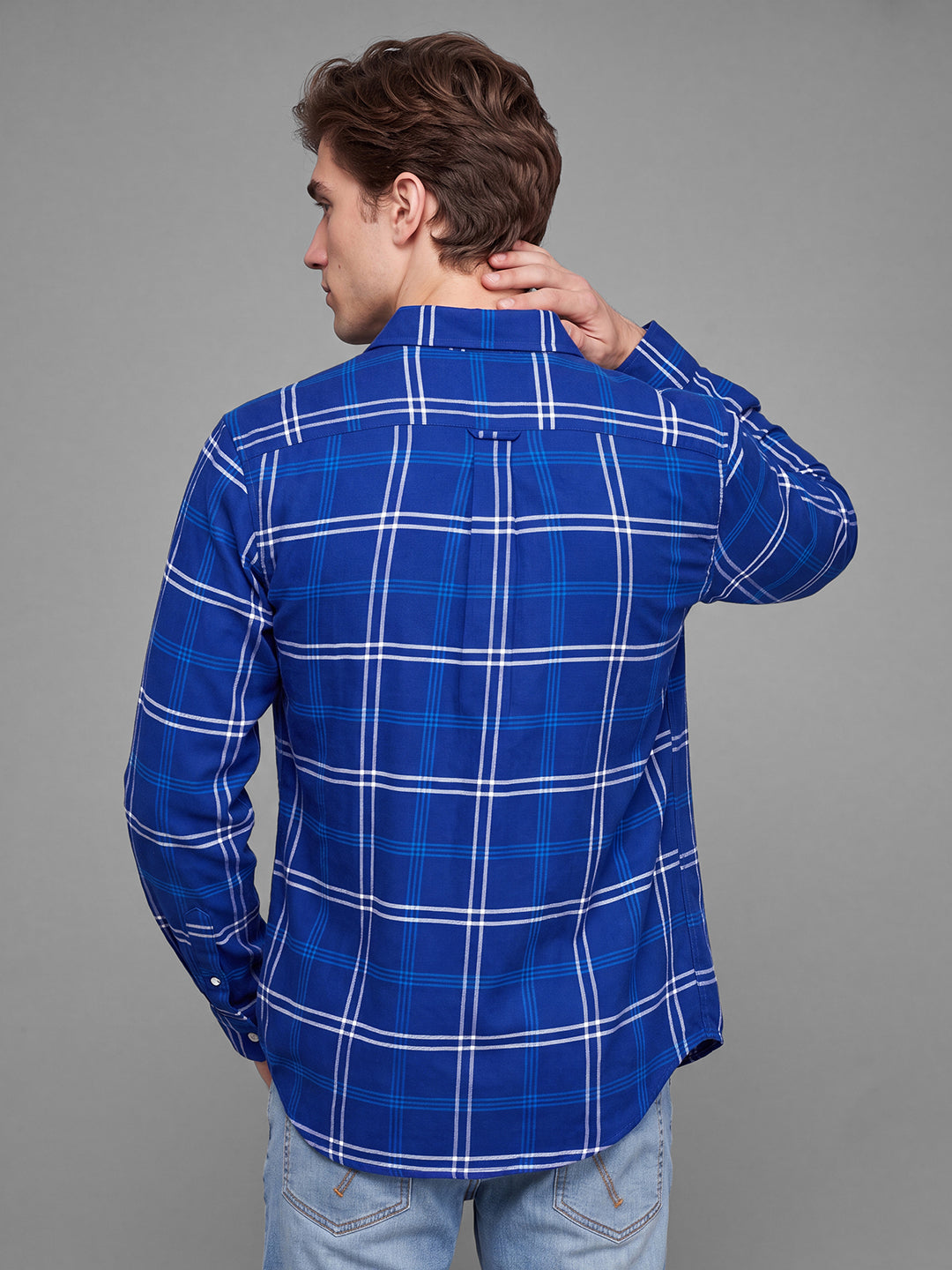 Royal Blue Moderno Fit Checked Long Sleeves Polo Collar Men's Shirt by Being Human Clothing