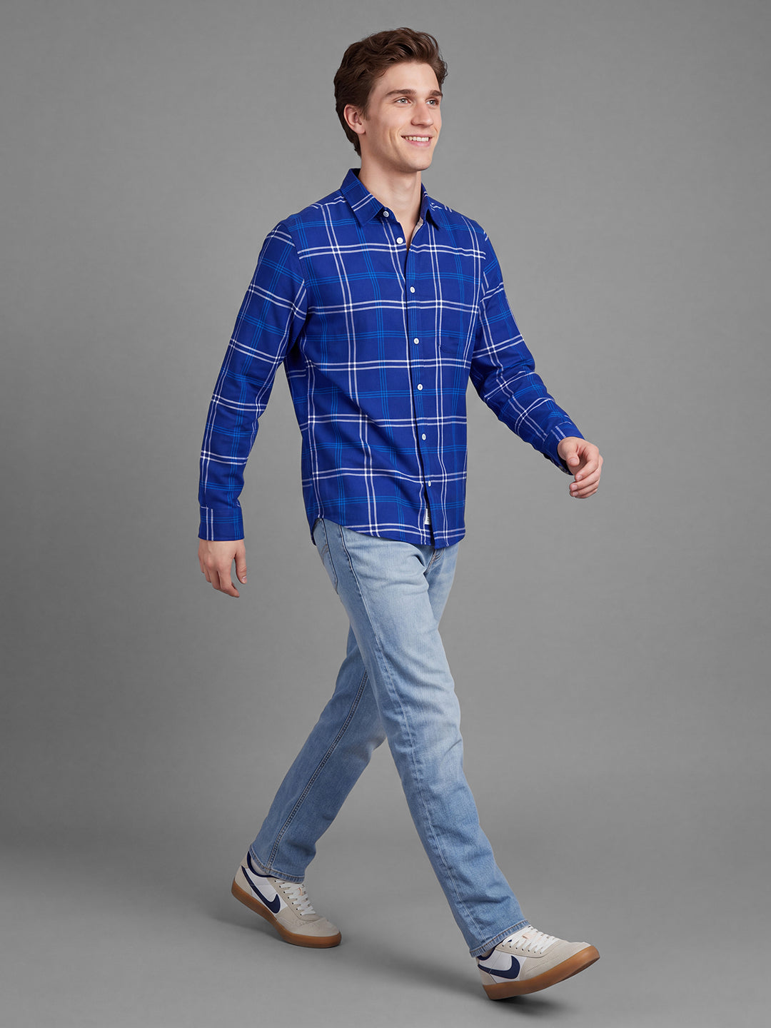 Royal Blue Moderno Fit Checked Long Sleeves Polo Collar Men's Shirt by Being Human Clothing