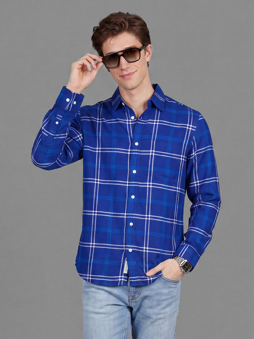 Royal Blue Moderno Fit Checked Long Sleeves Polo Collar Men's Shirt by Being Human Clothing