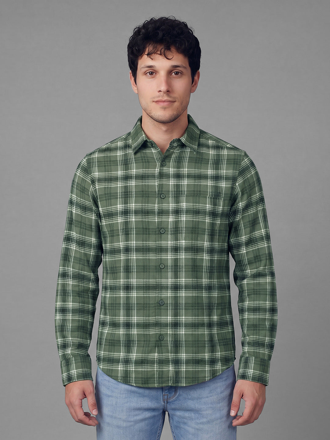 Olive Overshirt Fit Checked Long Sleeves Polo Collar Men's Shirt by Being Human Clothing