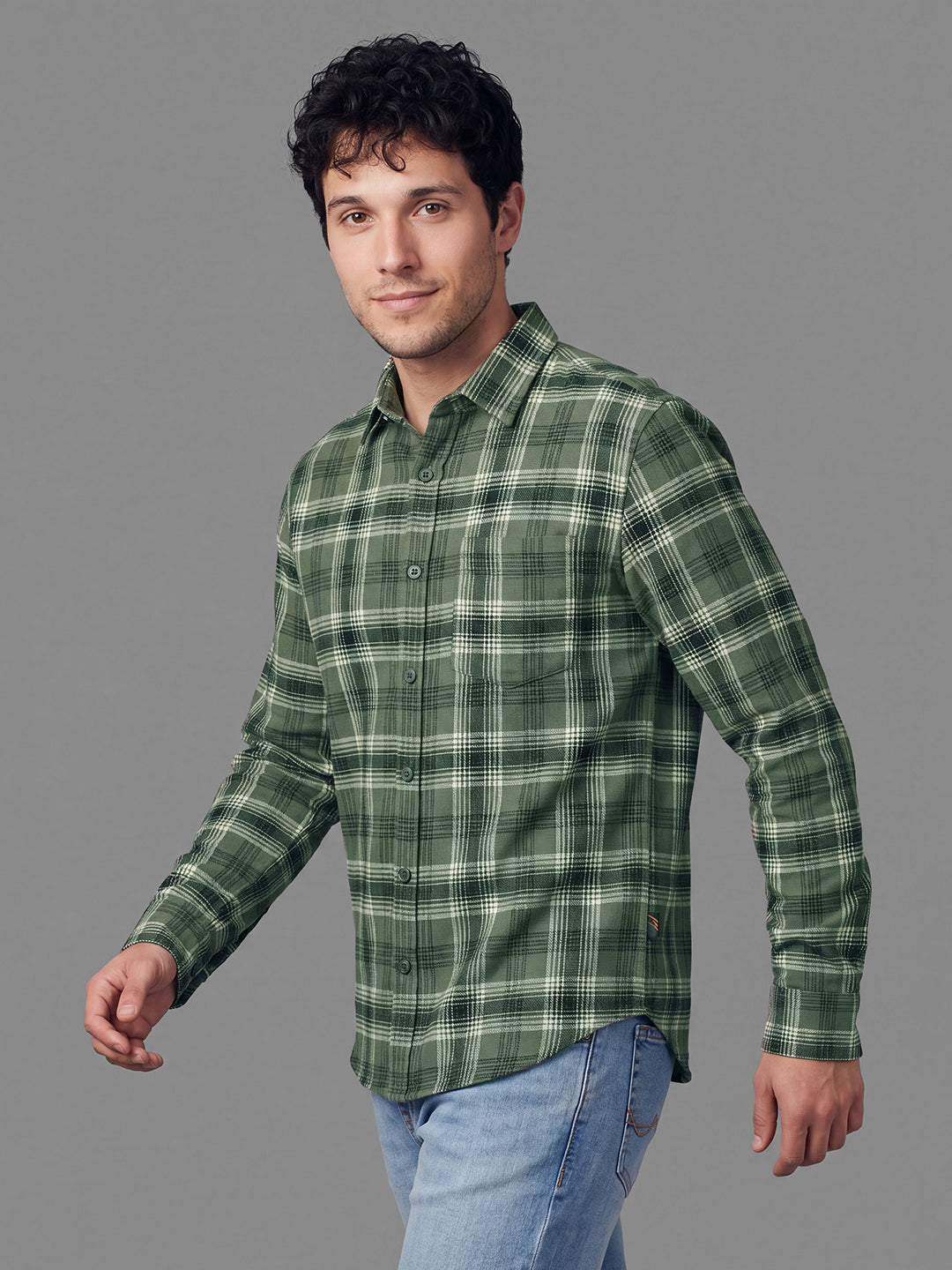 Olive Overshirt Fit Checked Long Sleeves Polo Collar Men's Shirt by Being Human Clothing