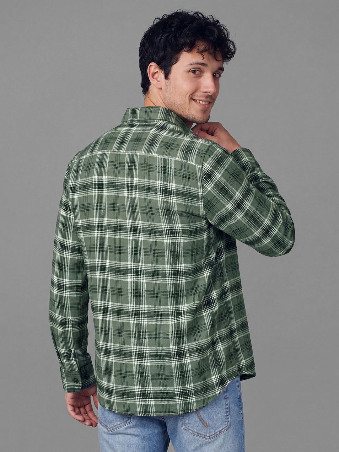 Olive Overshirt Fit Checked Long Sleeves Polo Collar Men's Shirt by Being Human Clothing