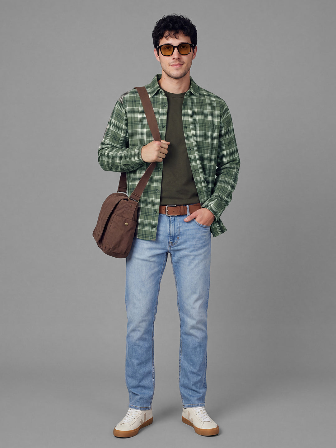 Olive Overshirt Fit Checked Long Sleeves Polo Collar Men's Shirt by Being Human Clothing
