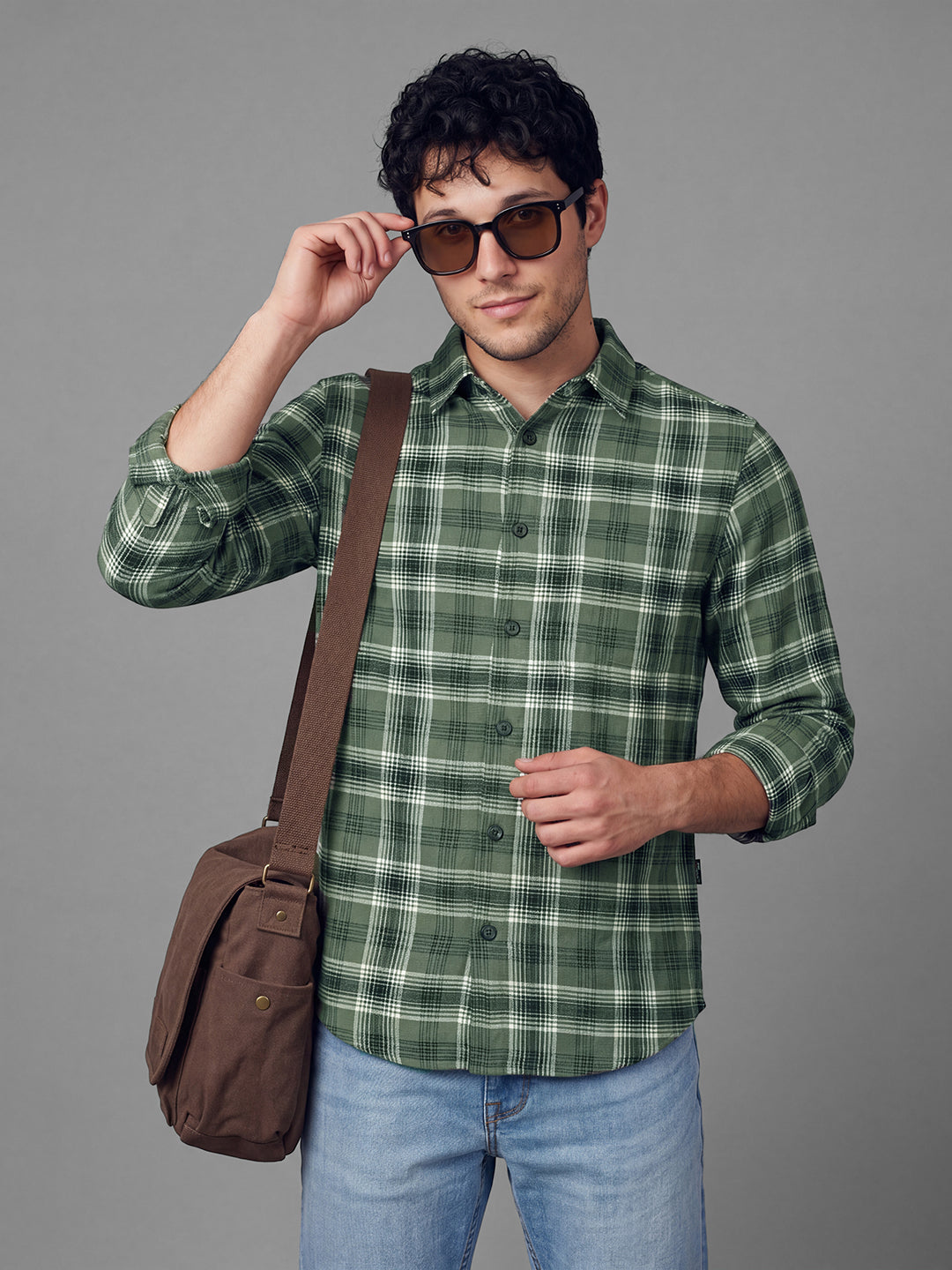 Olive Overshirt Fit Checked Long Sleeves Polo Collar Men's Shirt by Being Human Clothing