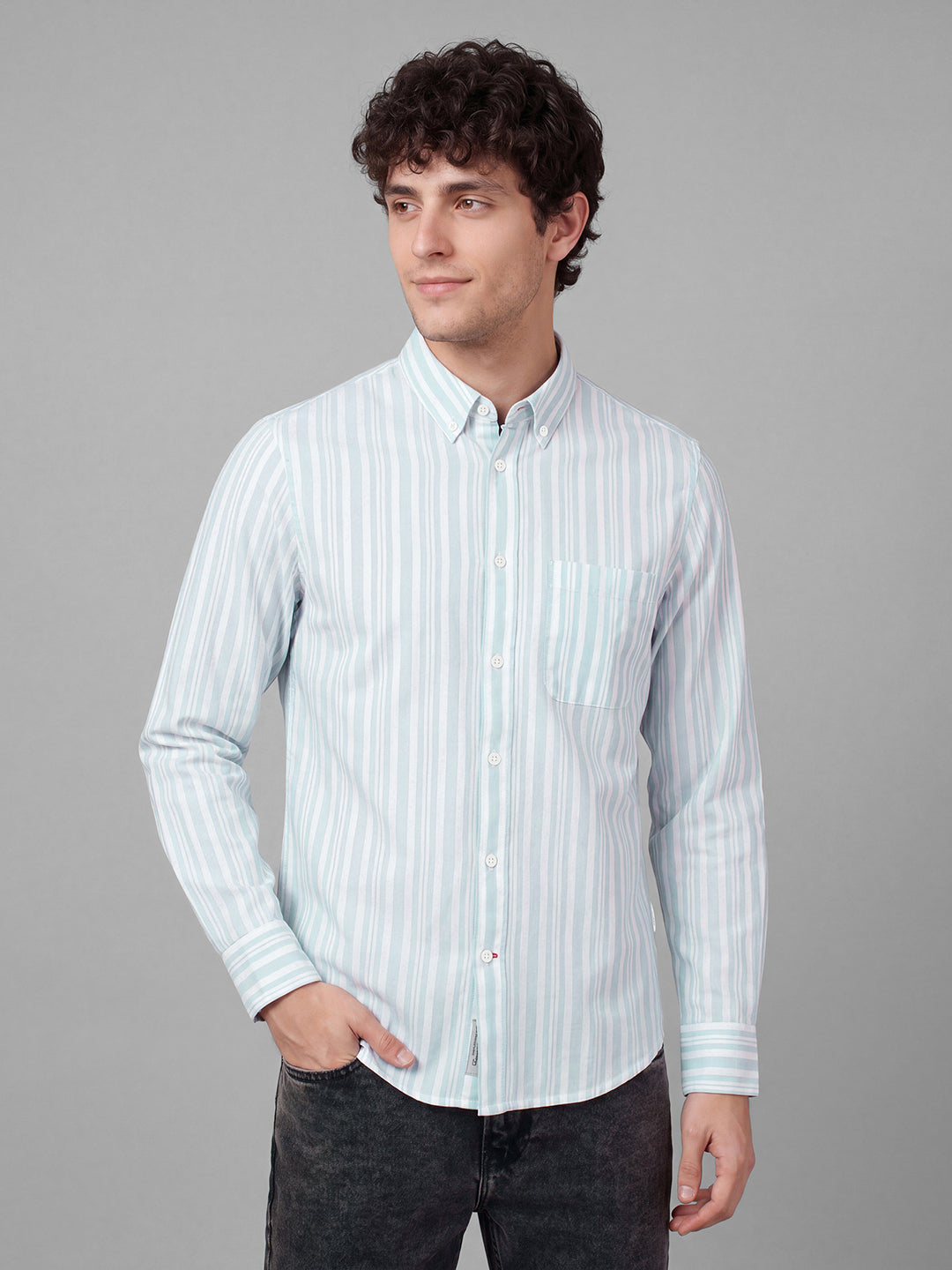 Light Blue Moderno Fit Striped Long Sleeves Polo Collar Men's Shirt by Being Human Clothing