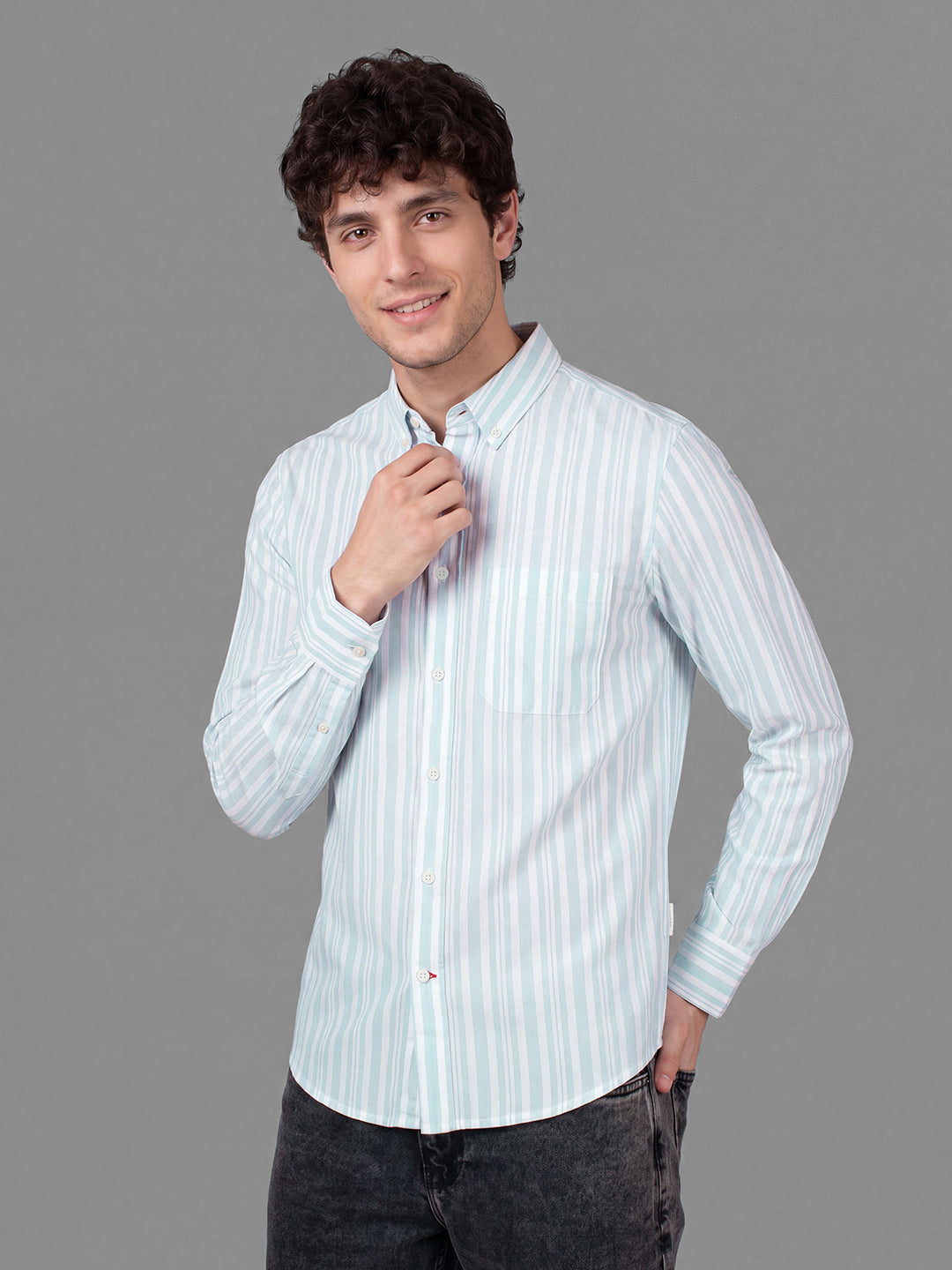 Light Blue Moderno Fit Striped Long Sleeves Polo Collar Men's Shirt by Being Human Clothing