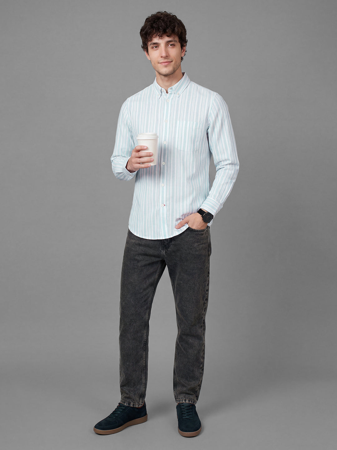 Light Blue Moderno Fit Striped Long Sleeves Polo Collar Men's Shirt by Being Human Clothing