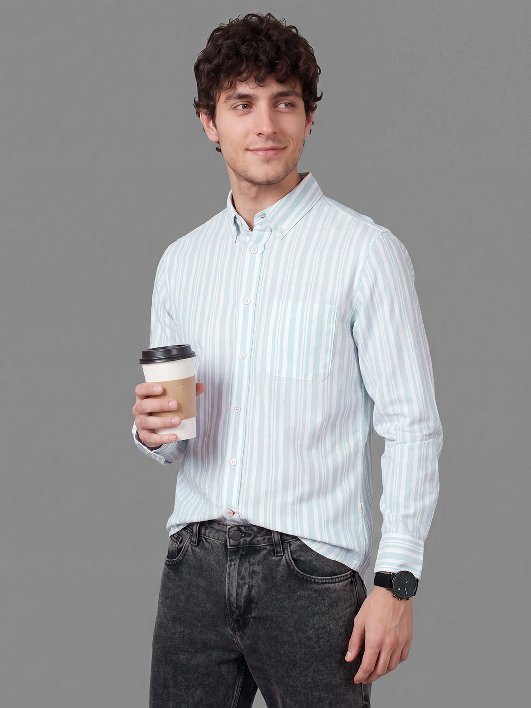 Light Blue Moderno Fit Striped Long Sleeves Polo Collar Men's Shirt by Being Human Clothing