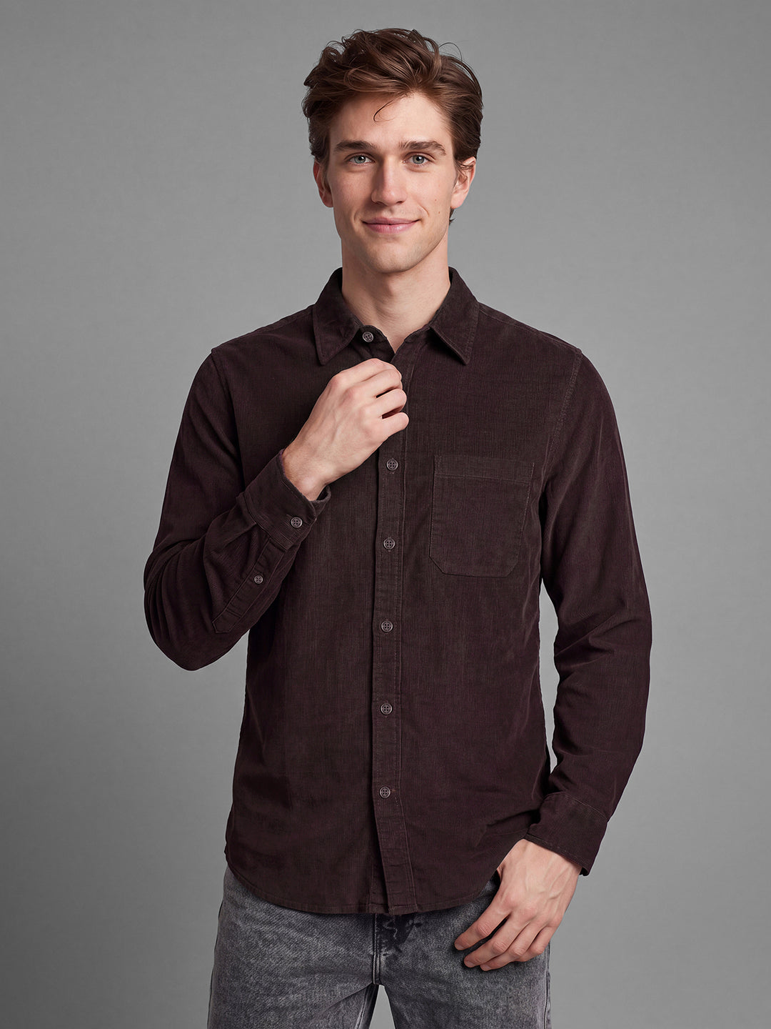 Dark Brown Moderno Fit Textured Long Sleeves Polo Collar Men's Shirt by Being Human Clothing
