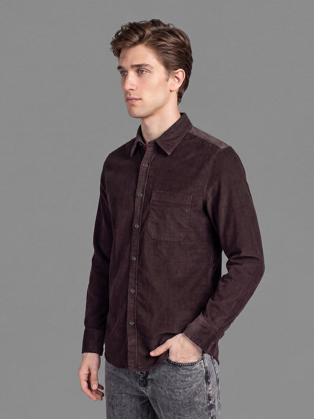 Dark Brown Moderno Fit Textured Long Sleeves Polo Collar Men's Shirt by Being Human Clothing