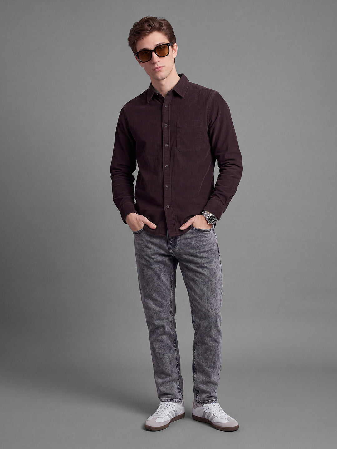 Dark Brown Moderno Fit Textured Long Sleeves Polo Collar Men's Shirt by Being Human Clothing