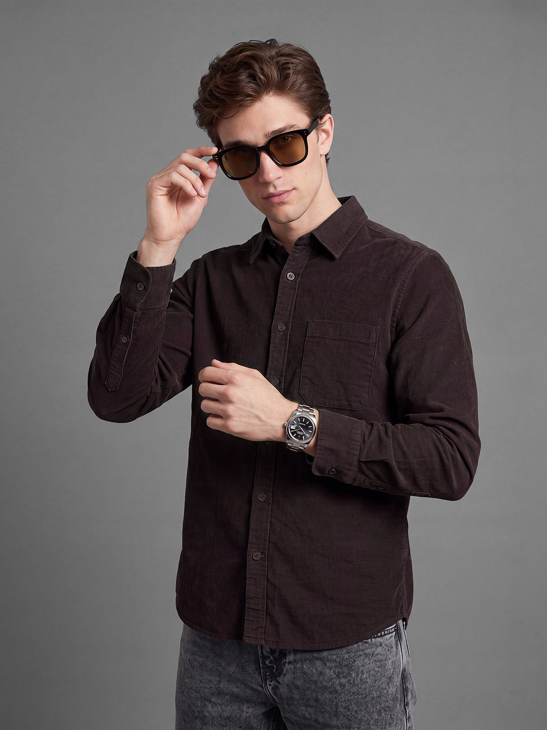 Dark Brown Moderno Fit Textured Long Sleeves Polo Collar Men's Shirt by Being Human Clothing
