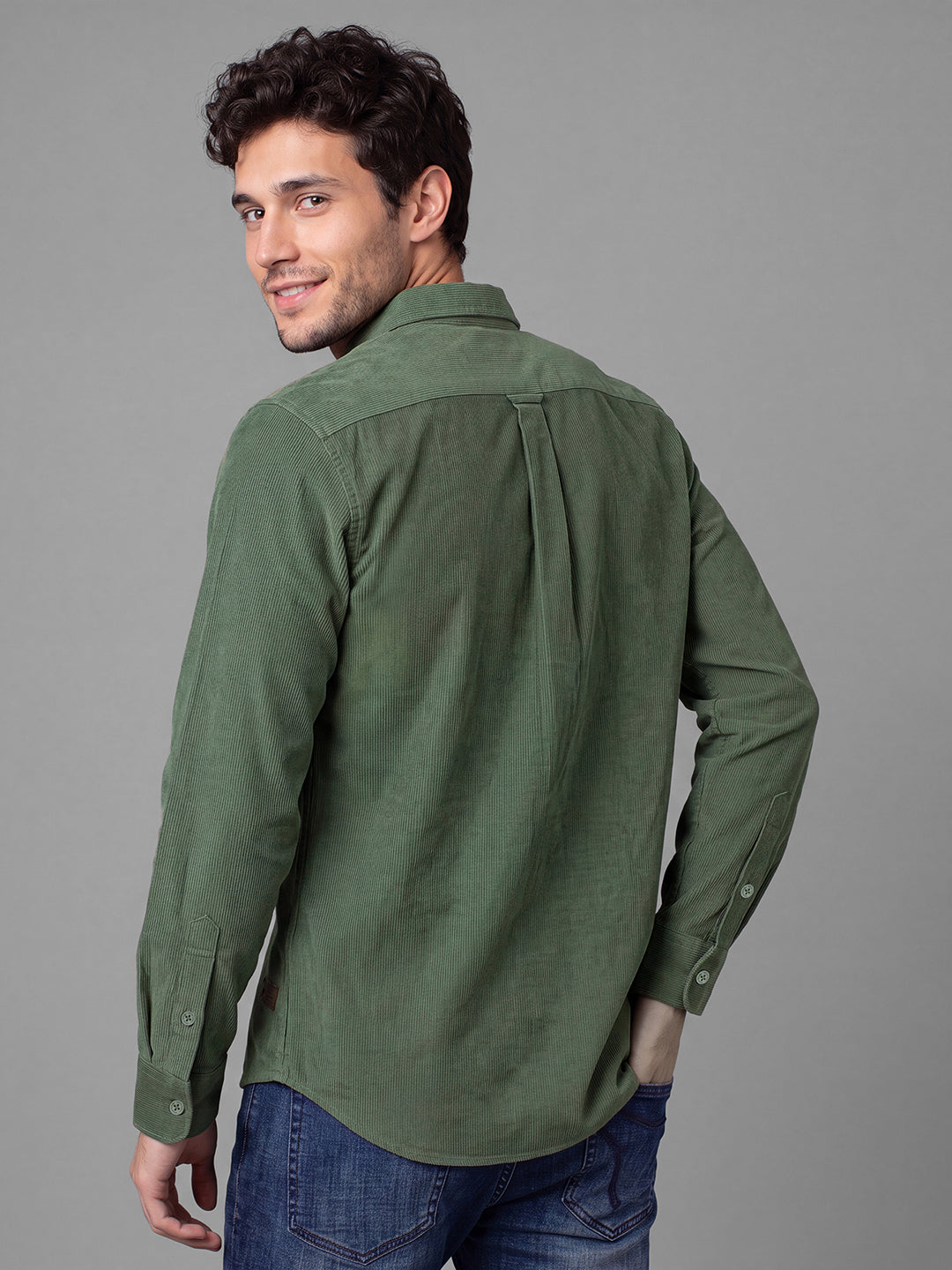 Sage Green Moderno Fit Textured Long Sleeves Polo Collar Men's Shirt by Being Human Clothing