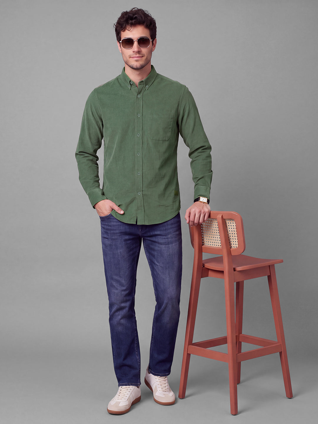 Sage Green Moderno Fit Textured Long Sleeves Polo Collar Men's Shirt by Being Human Clothing