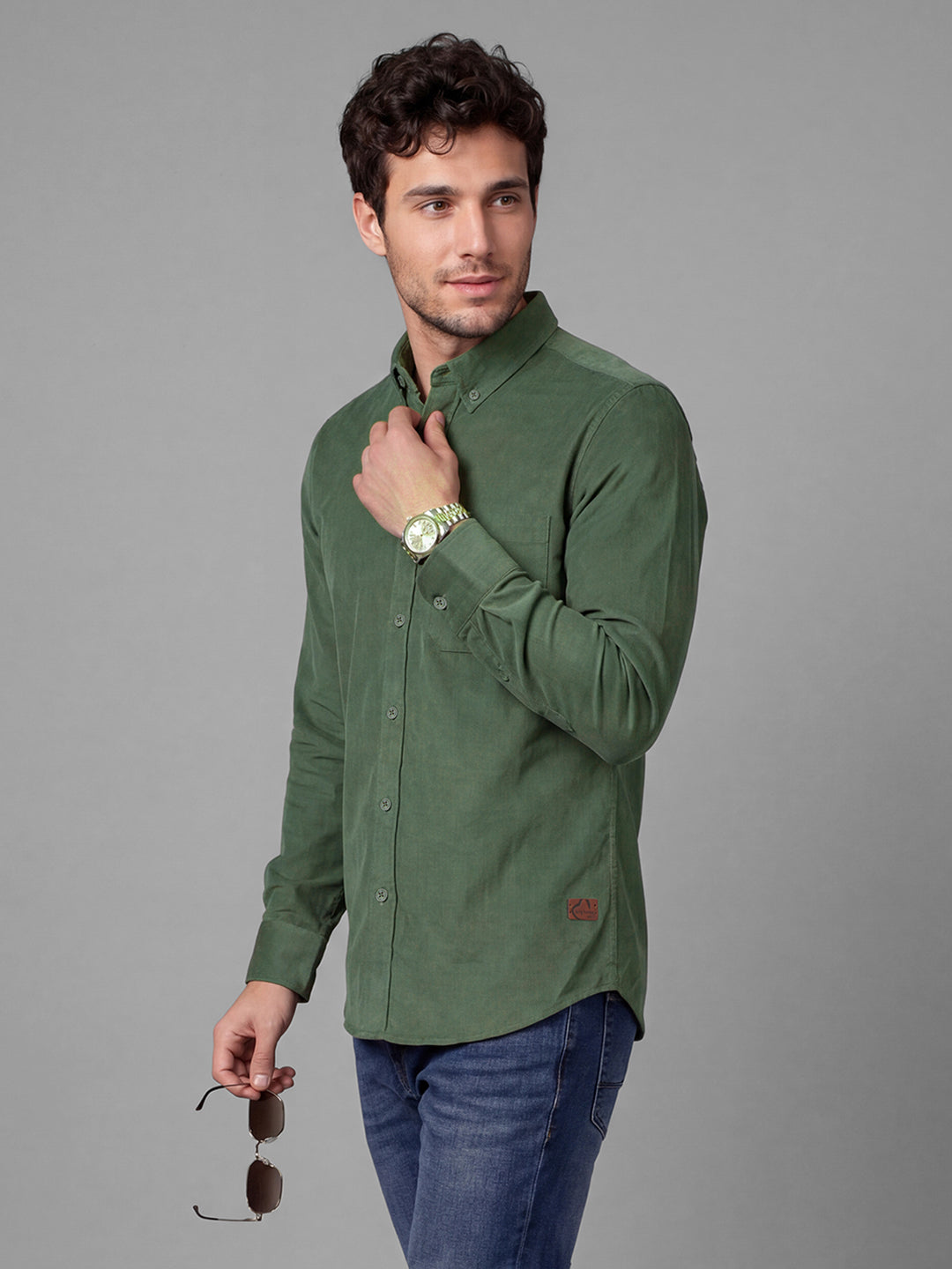 Sage Green Moderno Fit Textured Long Sleeves Polo Collar Men's Shirt by Being Human Clothing