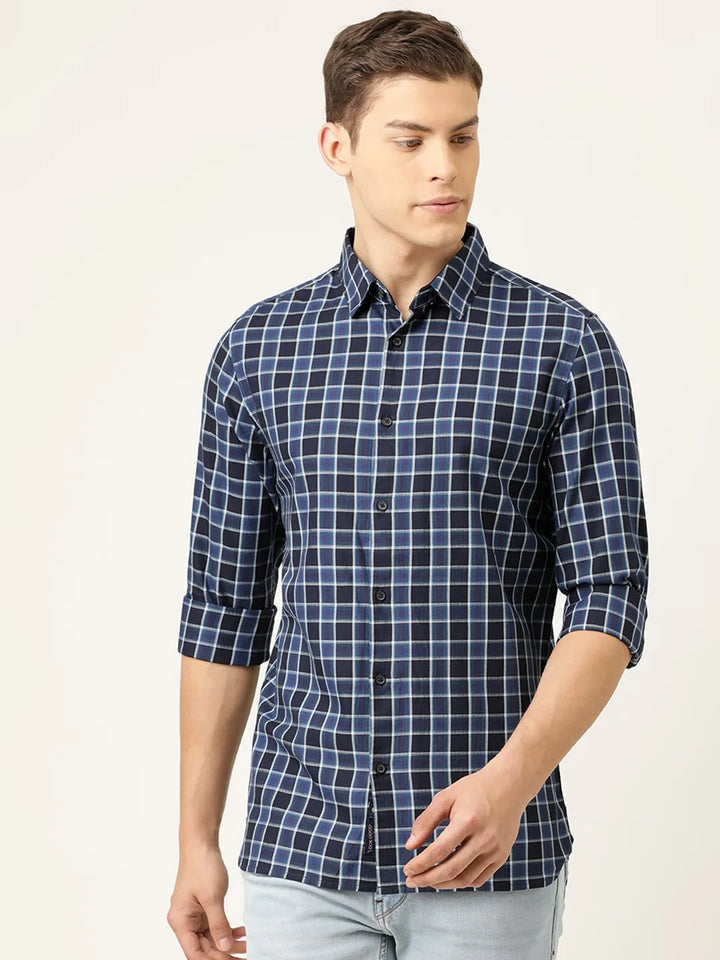 Blue Slim Straight Fit Regular Collar Long Sleeves Cotton Men's Shirt by Being Human Clothing