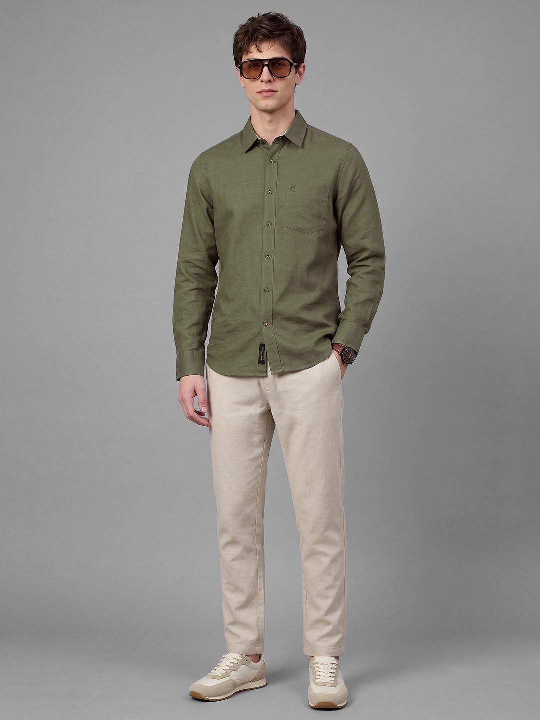 Olive Moderno Fit Textured Long Sleeve Spread Collar Shirt By Being Human Clothing