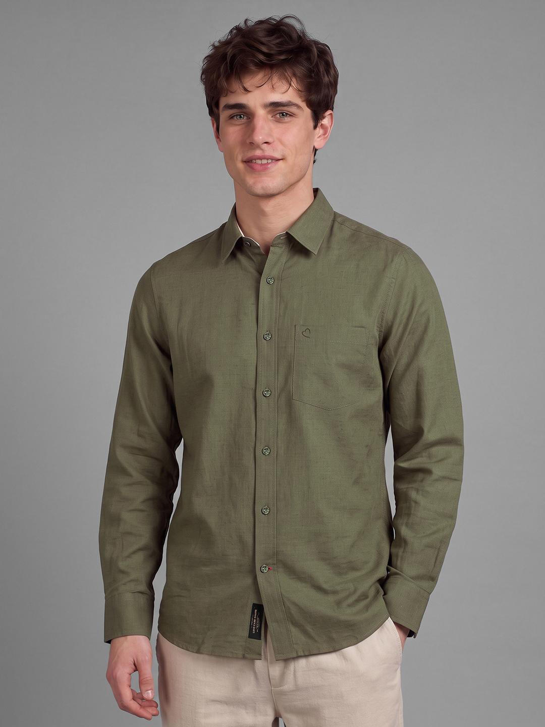 Olive Moderno Fit Textured Long Sleeve Spread Collar Shirt By Being Human Clothing
