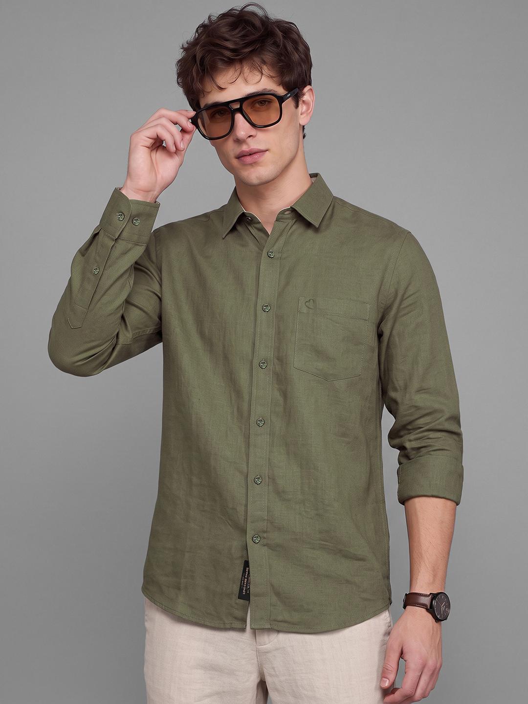 Olive Moderno Fit Textured Long Sleeve Spread Collar Shirt By Being Human Clothing