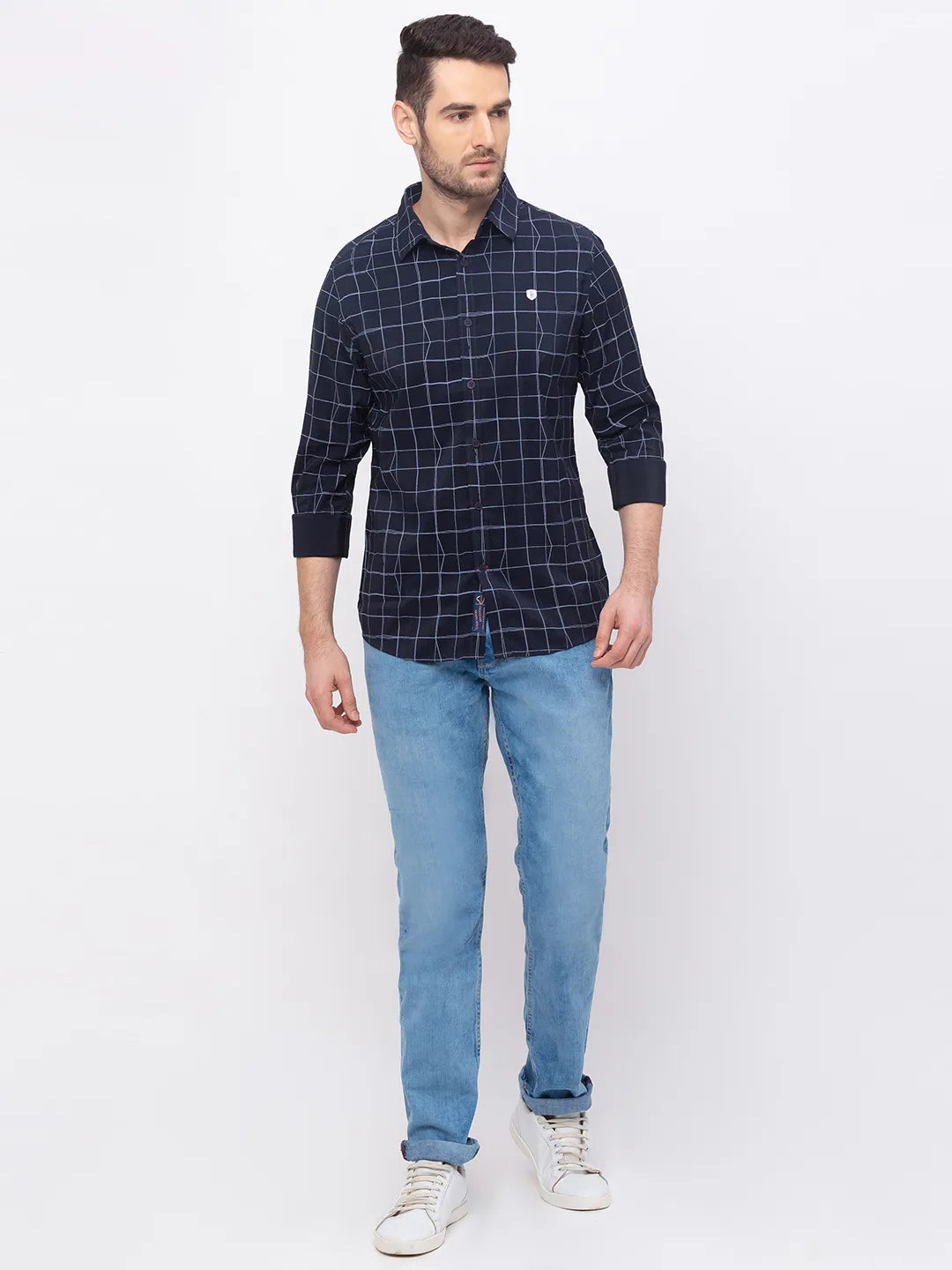 Blue Slim Straight Fit Regular Collar Long Sleeves Men's Shirt by Being Human Clothing