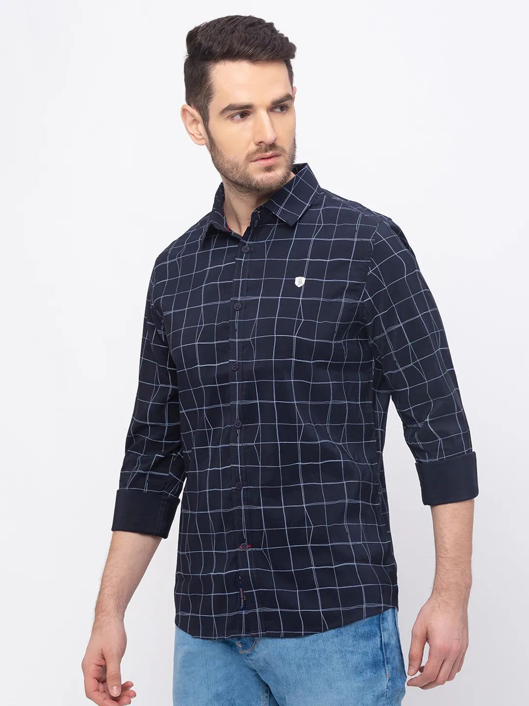 Blue Slim Straight Fit Regular Collar Long Sleeves Men's Shirt by Being Human Clothing