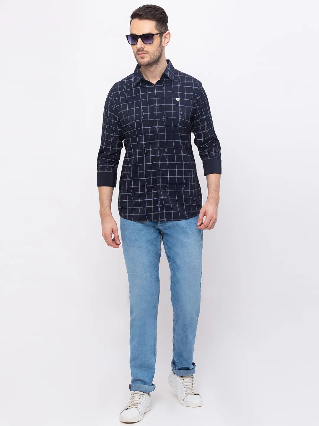 Blue Slim Straight Fit Regular Collar Long Sleeves Men's Shirt by Being Human Clothing