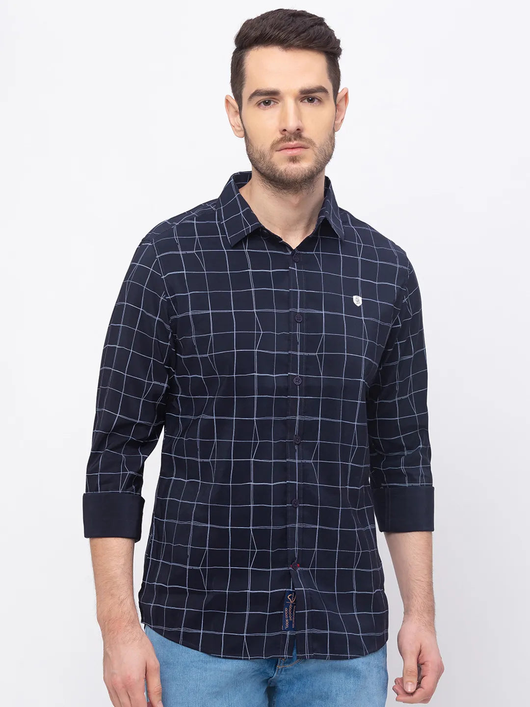 Blue Slim Straight Fit Regular Collar Long Sleeves Men's Shirt by Being Human Clothing