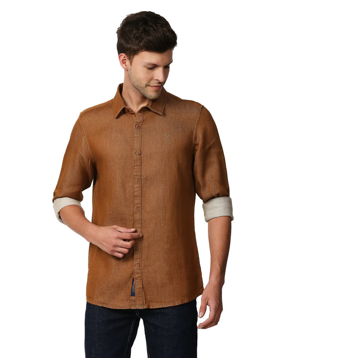 Brown Slim Straight Fit Regular Collar Long Sleeves Men's Shirt by Being Human Clothing