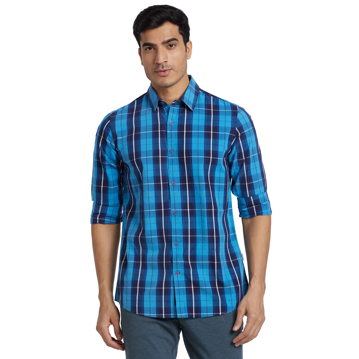 Blue Slim Fit Regular Collar Men's Shirt by Being Human Clothing