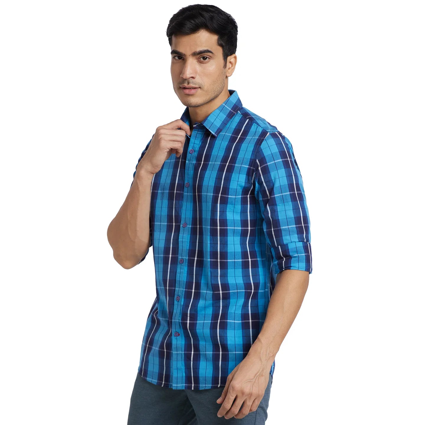 Blue Slim Fit Regular Collar Men's Shirt by Being Human Clothing