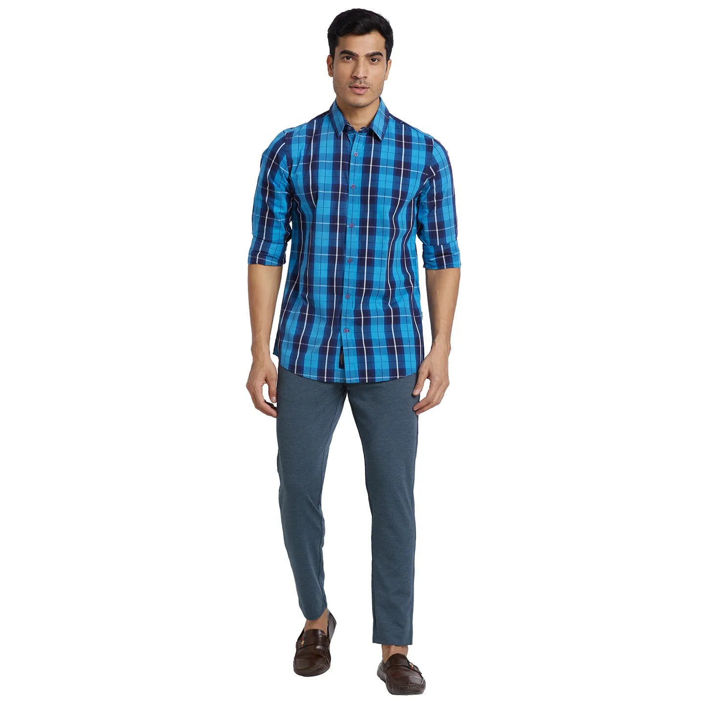 Blue Slim Fit Regular Collar Men's Shirt by Being Human Clothing