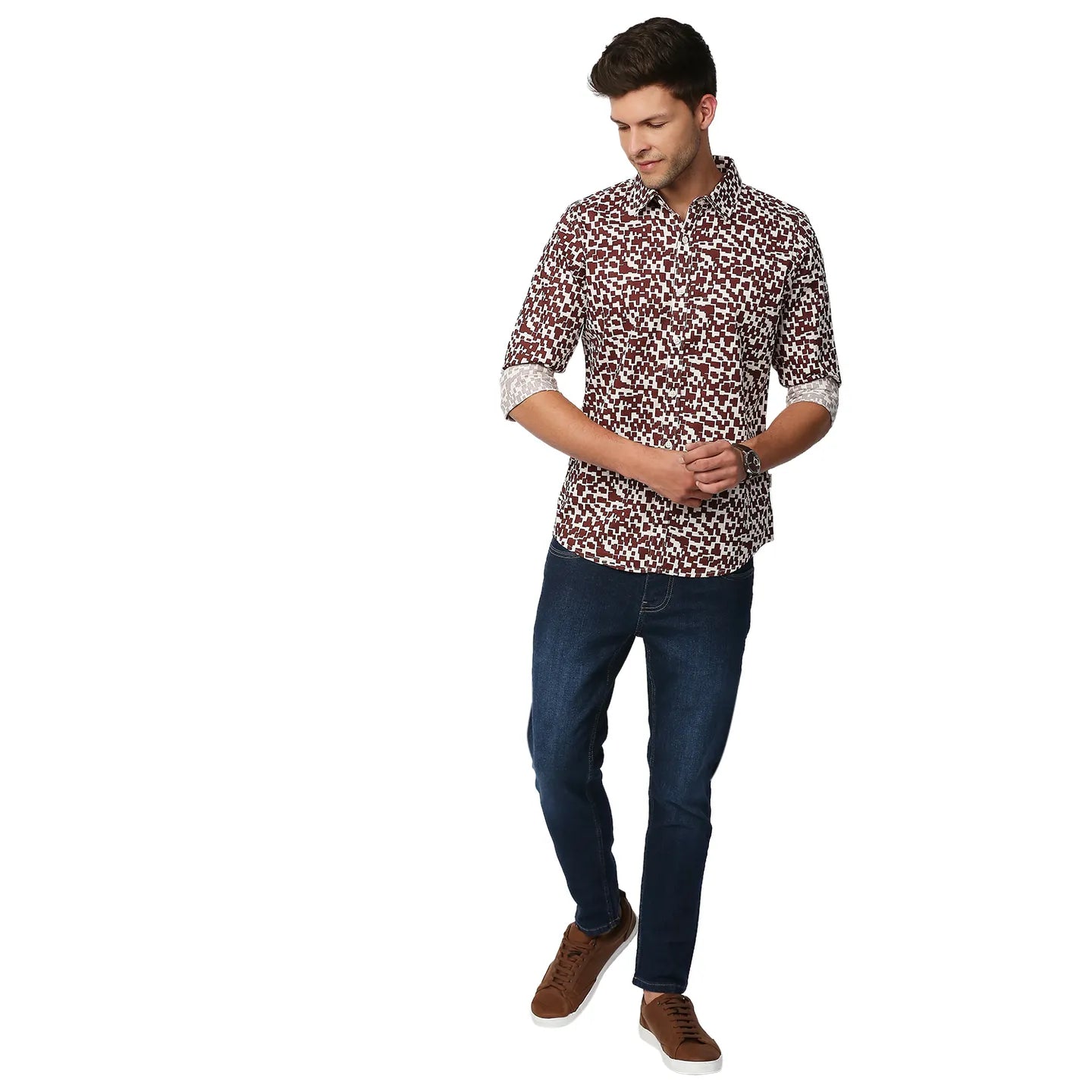 Brown Slim Straight Fit Regular Collar Long Sleeves Men's Shirt by Being Human Clothing